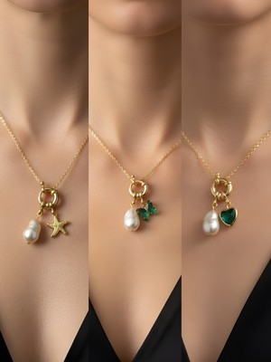 NKT Collection Zümrüt Yeşili Kalp Zümrüt Yeşili Kelebek Deniz Yıldızı Incili Kolye