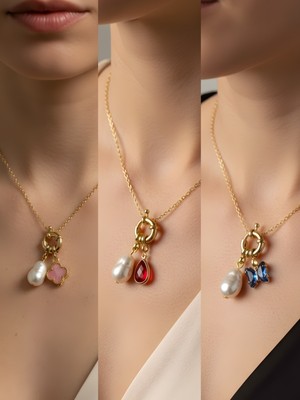 NKT Collection Mavi Kelebek Kırmızı Damla Pembe Yonca Incili Kolye