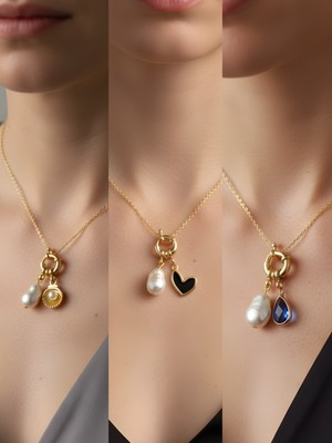 NKT Collection Mavi Damla Siyah Kalp Midye Incili Kolye