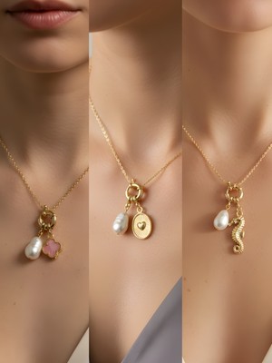 NKT Collection Deniz Atı Kabartma Kalp Pembe Yonca Incili Kolye