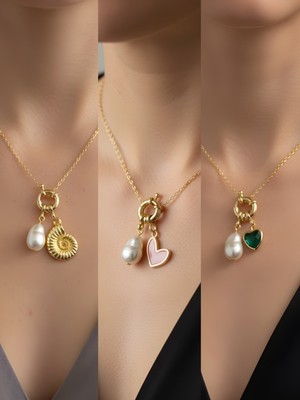 NKT Collection Zümrüt Yeşili Kalp Pembe Kalp Deniz Kabuğu Incili Kolye