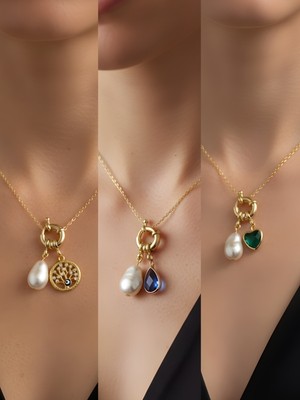 NKT Collection Zümrüt Yeşili Kalp Mavi Damla Hayat Ağacı Incili Kolye