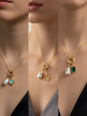 NKT Collection Zümrüt Yeşili Kalp Güneş Turkuaz Yonca Incili Kolye