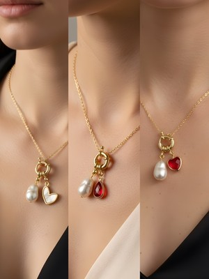NKT Collection Kırmızı Kalp Kırmızı Damla Beyaz Kalp Incili Kolye