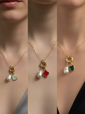 NKT Collection Zümrüt Yeşili Kalp Kırmızı Yonca Turkuaz Kalp Incili Kolye