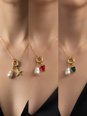 NKT Collection Zümrüt Yeşili Kalp Kırmızı Kalp Deniz Yıldızı Incili Kolye