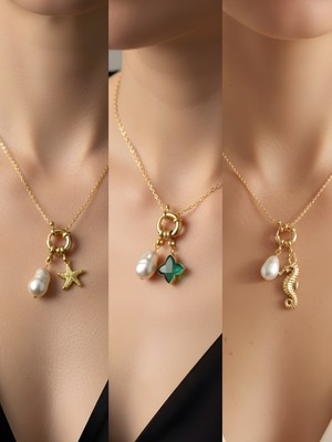 NKT Collection Deniz Atı Zümrüt Yeşili Yıldız Deniz Yıldızı Incili Kolye