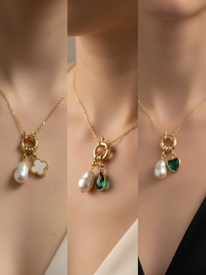 NKT Collection Zümrüt Yeşili Kalp Zümrüt Yeşili Damla Beyaz Yonca Incili Kolye