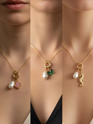 NKT Collection Deniz Atı Zümrüt Yeşili Kelebek Pembe Yonca Incili Kolye