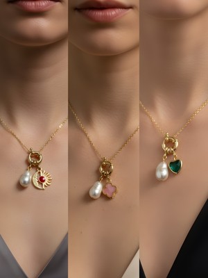 NKT Collection Zümrüt Yeşili Kalp Pembe Yonca Ay Güneş Incili Kolye