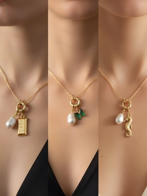 NKT Collection Deniz Atı Zümrüt Yeşili Kelebek Külçe Altın Incili Kolye