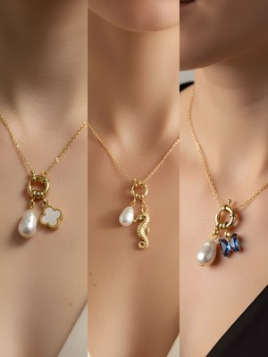 NKT Collection Deniz Atı Mavi Kelebek Beyaz Yonca Incili Kolye