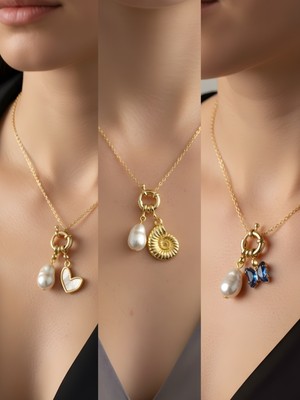 NKT Collection Mavi Kelebek Deniz Kabuğu Beyaz Kalp Incili Kolye