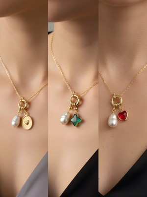 NKT Collection Kırmızı Kalp Zümrüt Yeşili Yıldız Kabartma Kalp Incili Kolye