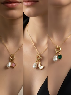 NKT Collection Zümrüt Yeşili Kalp Beyaz Kalp Turkuaz Yonca Incili Kolye