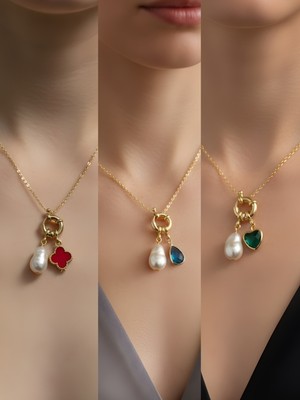 NKT Collection Zümrüt Yeşili Kalp Turkuaz Damla Kırmızı Yonca İncili Kolye