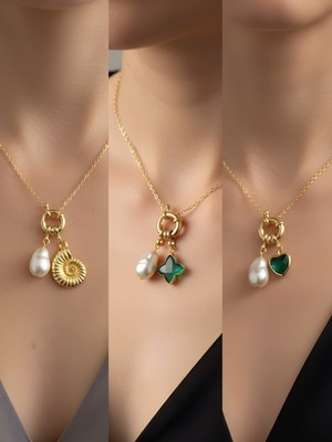 NKT Collection Zümrüt Yeşili Kalp Zümrüt Yeşili Yıldız Deniz Kabuğu İncili Kolye