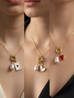 NKT Collection Kırmızı Kalp Beyaz Kalp Kupa As İncili Kolye