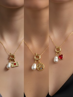 NKT Collection Kırmızı Kalp Hayat Ağacı Kalpli Zarf İncili Kolye