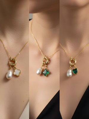 NKT Collection Zümrüt Yeşili Kalp Zümrüt Yeşili Yıldız Beyaz Yonca İncili Kolye