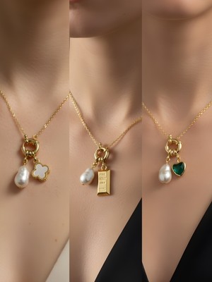 NKT Collection Zümrüt Yeşili Kalp Külçe Altın Beyaz Yonca İncili Kolye