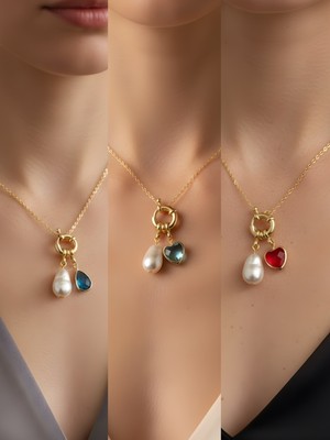 NKT Collection Kırmızı Kalp Turkuaz Kalp Turkuaz Damla İncili Kolye