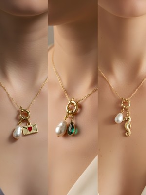 NKT Collection Deniz Atı Zümrüt Yeşili Damla Kalpli Zarf Incili Kolye