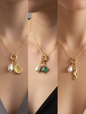 NKT Collection Deniz Atı Zümrüt Yeşili Yıldız Deniz Kabuğu Incili Kolye