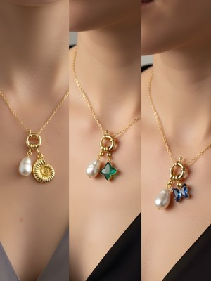 NKT Collection Mavi Kelebek Zümrüt Yeşili Yıldız Deniz Kabuğu Incili Kolye