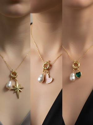 NKT Collection Zümrüt Yeşili Kalp Pembe Kalp Kutup Yıldızı Incili Kolye