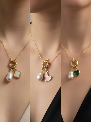 NKT Collection Zümrüt Yeşili Kalp Pembe Kalp Beyaz Yonca Incili Kolye