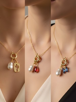 NKT Collection Mavi Kelebek Kırmızı Damla Kaktüs Incili Kolye