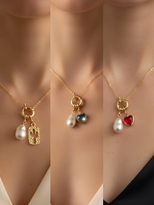 NKT Collection Kırmızı Kalp Turkuaz Kalp Kaktüs Incili Kolye