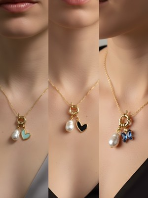 NKT Collection Mavi Kelebek Siyah Kalp Turkuaz Kalp Incili Kolye