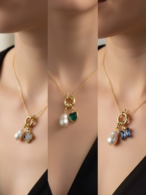 NKT Collection Zümrüt Yeşili Kalp Mavi Kelebek Siyah Yonca Incili Kolye