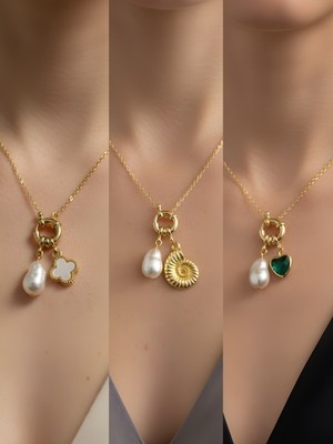 NKT Collection Zümrüt Yeşili Kalp Deniz Kabuğu Beyaz Yonca Incili Kolye