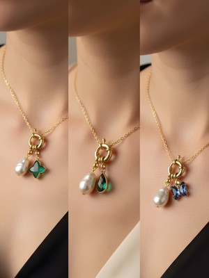 NKT Collection Mavi Kelebek Zümrüt Yeşili Damla Zümrüt Yeşili Yıldız Incili Kolye