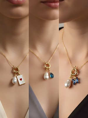 NKT Collection Mavi Kelebek Turkuaz Damla Kupa As Incili Kolye