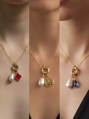 NKT Collection Mavi Damla Hayat Ağacı Kırmızı Yonca Incili Kolye