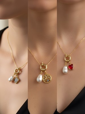 NKT Collection Kırmızı Kalp Hayat Ağacı Siyah Yonca Incili Kolye