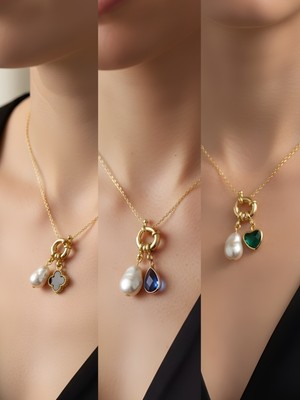 NKT Collection Zümrüt Yeşili Kalp Mavi Damla Siyah Yonca Incili Kolye