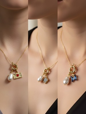 NKT Collection Mavi Kelebek Siyah Yonca Kalpli Zarf Incili Kolye