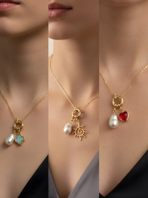 NKT Collection Kırmızı Kalp Güneş Turkuaz Yonca Incili Kolye