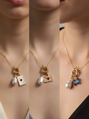 NKT Collection Mavi Kelebek Kalpli Zarf Kupa As Incili Kolye