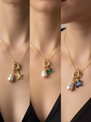 NKT Collection Mavi Kelebek Zümrüt Yeşili Kelebek Deniz Yıldızı Incili Kolye