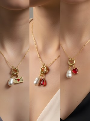 NKT Collection Kırmızı Kalp Kırmızı Damla Kalpli Zarf Incili Kolye