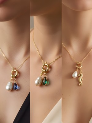 NKT Collection Deniz Atı Mavi Damla Zümrüt Yeşili Damla Incili Kolye