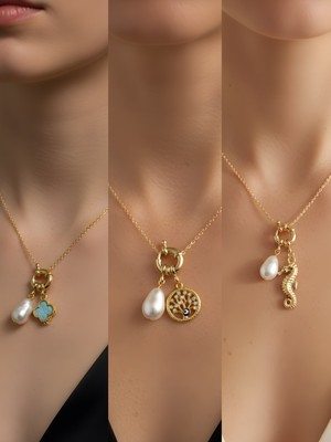 NKT Collection Deniz Atı Hayat Ağacı Turkuaz Yonca Incili Kolye