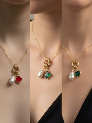 NKT Collection Zümrüt Yeşili Kalp Zümrüt Yeşili Yıldız Kırmızı Yonca Incili Kolye