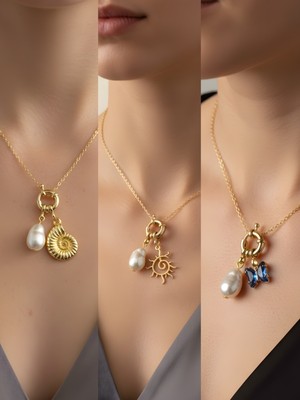 NKT Collection Mavi Kelebek Güneş Deniz Kabuğu Incili Kolye